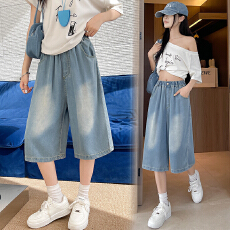 批发实拍天丝牛仔<b class='q'>短裤</b>女夏季薄款高腰垂感直筒显瘦阔腿八分七分裤
