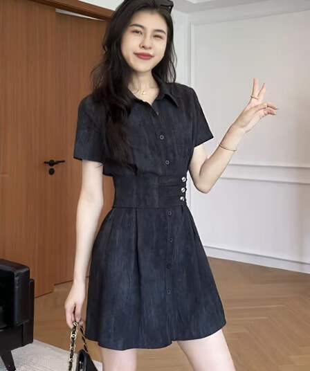 장 A 스타 캘리포니아 주 한여름 레트로 캐주얼 POLO 칼라 드레스 소근 허리 수축 A라인 스커트 아이들 여름