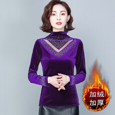 批发2025秋冬新款烫钻t恤加绒加厚洋气小衫百搭金丝绒<b class='q'>长袖</b>打底衫