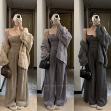 批发实拍实价~冬季<b class='q'>新款</b>吊带背心上衣+高腰休闲阔腿裤套装+毛衣<b class='q'>外套</b>