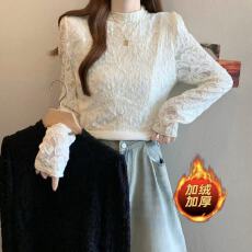 批发实拍胖MM秋冬百搭气质上衣内搭洋气小衫加厚加绒蕾丝打底衫女