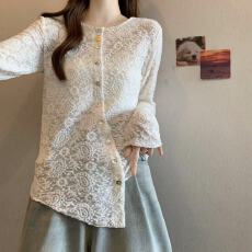 批发实拍胖MM蕾丝不规则设计感百搭气质内搭洋气小衫圆领打底衫女上衣