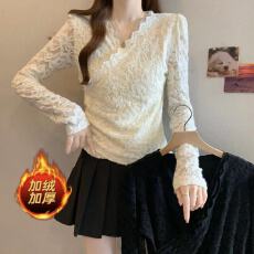 批发实拍胖MM秋冬百搭气质上衣内搭洋气小衫加厚加绒v领蕾丝打底衫女