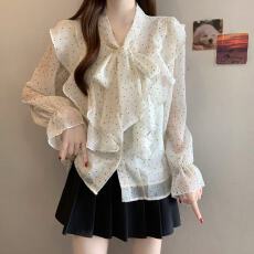 批发实拍2026新款春款法式气质名媛甜美荷叶边爱心系带长袖<b class='q'>衬衫女</b>上衣