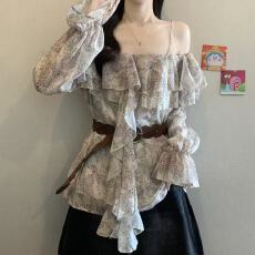 批发实拍胖MM2026新款一字肩吊带碎花长袖<b class='q'>雪纺衫</b>喇叭袖上衣女两件套