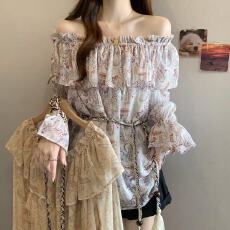 批发实拍胖MM2026新款一字肩吊带碎花长袖雪纺<b class='q'>衫</b><b class='q'>喇叭袖</b><b class='q'>上衣</b>女两件套