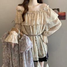 批发实拍胖MM2026新款一字肩吊带碎花长袖雪纺<b class='q'>衫</b><b class='q'>喇叭袖</b><b class='q'>上衣</b>女两件套