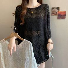 批发实拍胖MM法式五分<b class='q'>袖</b>防晒罩衫夏薄款设计感小众洋气小衫微透<b class='q'>上衣</b>