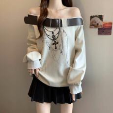 批发实拍大码胖MM26春款新款设计感皮带露肩百搭宽松长袖斜肩卫衣女