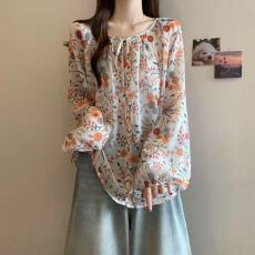 批发实拍<b class='q'>胖</b>MM2026新款小清新圆领系带碎花宽松上衣长袖减龄甜美衬衣