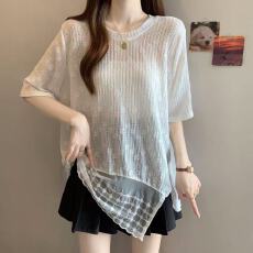 批发实拍胖MM蕾丝下摆拼接短袖T恤<b class='q'>夏</b>季大码显瘦薄款冰丝衫百搭上衣女