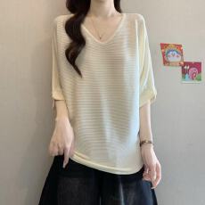 批发实拍胖MM夏季新款韩系V领肌理感针织衫女宽松显瘦蝙蝠袖冰丝上衣