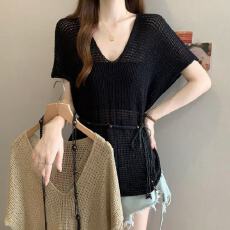 批发实拍胖MMV领镂空薄透针织衫无袖小飞袖百搭通勤韩版夏季女上衣