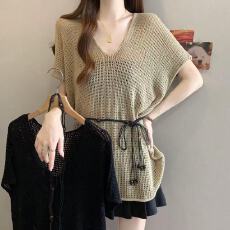 批发实拍胖MMV领镂空薄透针织衫无袖小飞袖百搭通勤韩版夏季女上衣