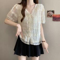 批发实拍胖MM2026夏法式高级蕾丝短袖减龄洋气独特漂亮新款气质小衫女