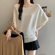 批发实拍胖MM新款大码复古套头冰丝针织衫上衣宽松显瘦短袖女上衣