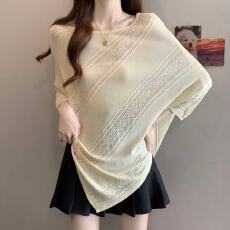 批发实拍胖妹妹设计感薄款镂空针织衫女松弛风不规则长袖宽松防晒上衣