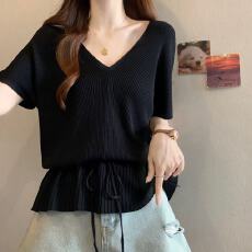 批发实拍胖MM2026夏季薄款冰丝针织衫女V领宽松系带遮肚子压褶女上衣