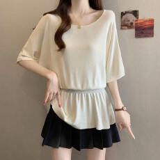 批发实拍胖mm新款法式荷叶边短袖针织衫女夏季新款气质减龄显瘦女上衣