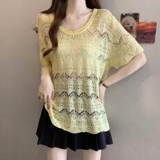批发实拍胖MM2026新款女装韩版重工镂空针织衫上衣洋气遮肚短袖女