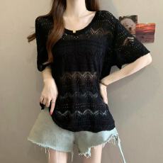 批发实拍胖MM2026新款女装韩版重工镂空针织衫上衣洋气遮肚短袖女