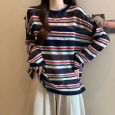 批发实拍胖MM条纹长袖T恤宽松显瘦薄款时尚气质减龄休闲防晒女上衣