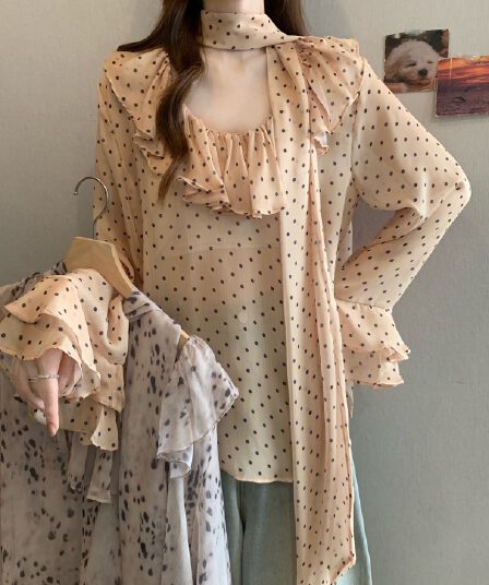 실사 빅 사이즈 쉬폰 블라우스 레트로 꽃무늬 레오파드 무늬 셔츠 디자인 센스 루즈핏 프릴 마이크로 ~을 통해 셔츠