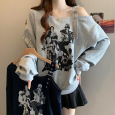 批发实拍大码胖MM秋季新款动物印花露单肩落肩袖长袖卫衣女上衣