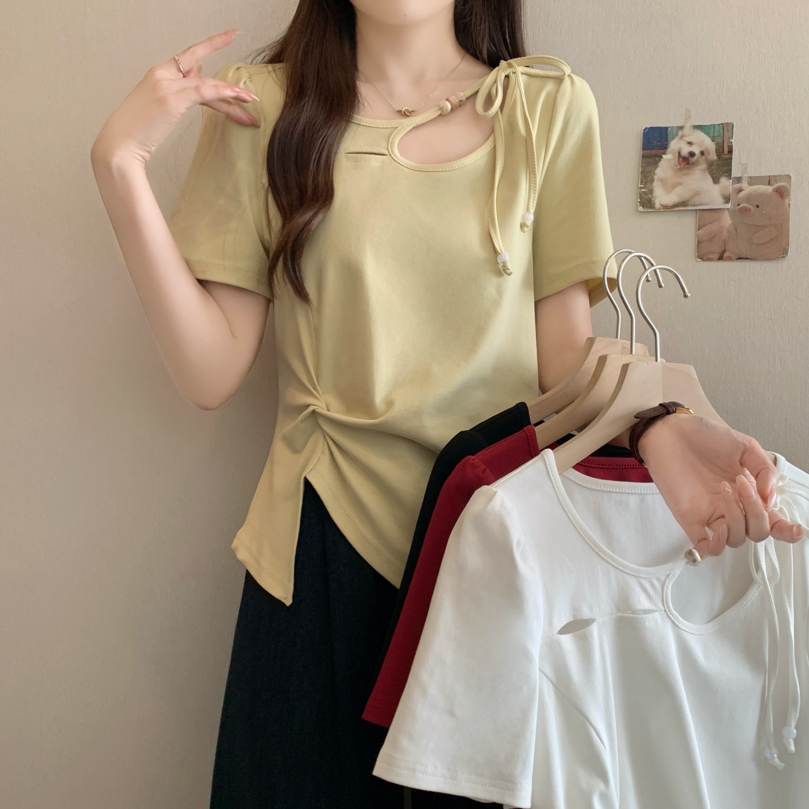 MY7448# 夏季新款胖mm大码女不规则扭结短袖T恤绑带镂空正肩上衣女裝貨源服裝批發