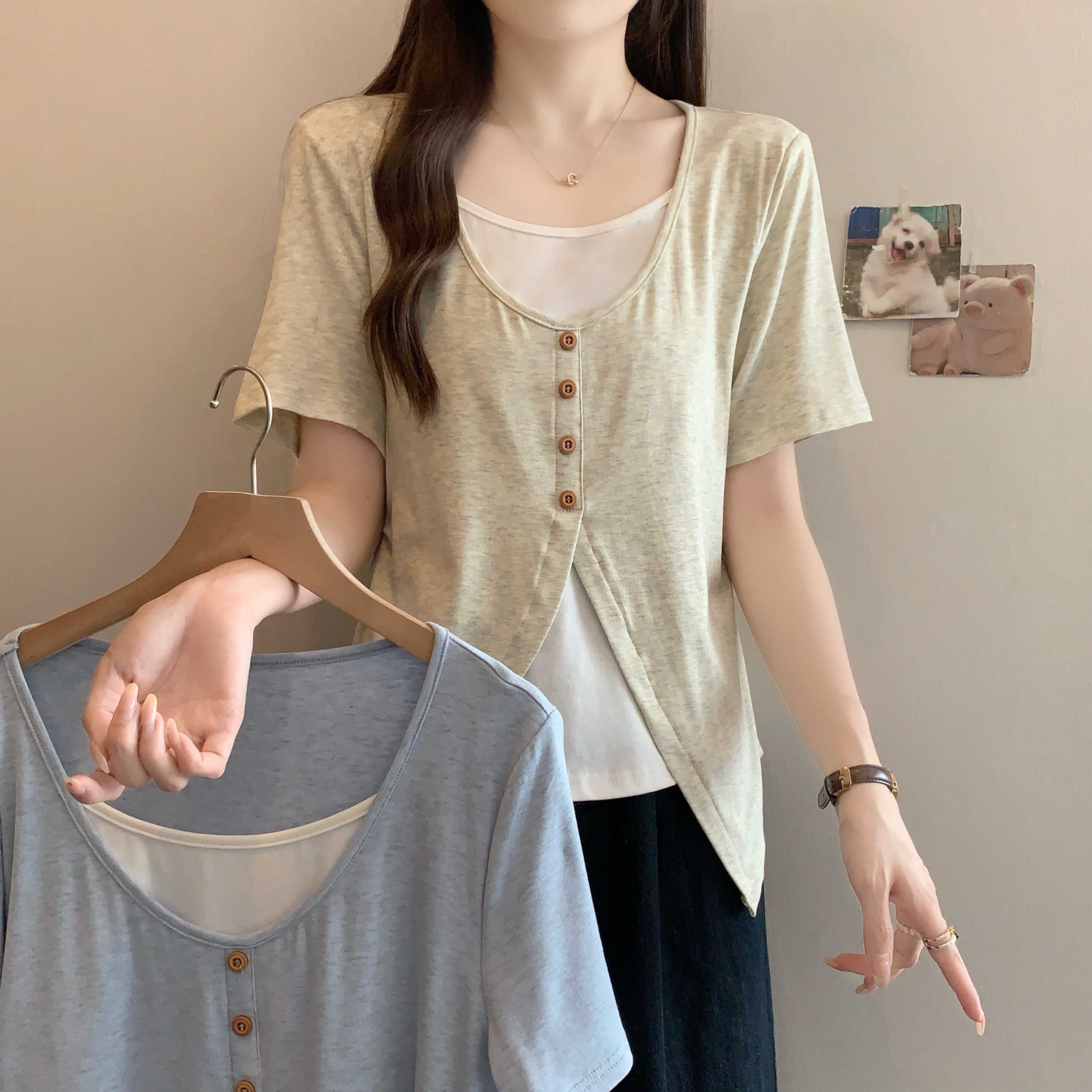 MY7442# 夏季新款胖mm大码拼接假两件短袖T恤不规则撞色显瘦上衣女裝貨源服裝批發