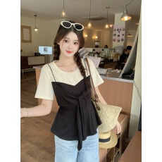 批发实拍2026夏装新款胖mm大码法式气质假两件短袖T恤设计感收腰上衣