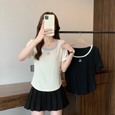 批发实拍2026夏季新款胖mm大码韩系撞色刺绣短袖T恤正肩显瘦圆领上衣