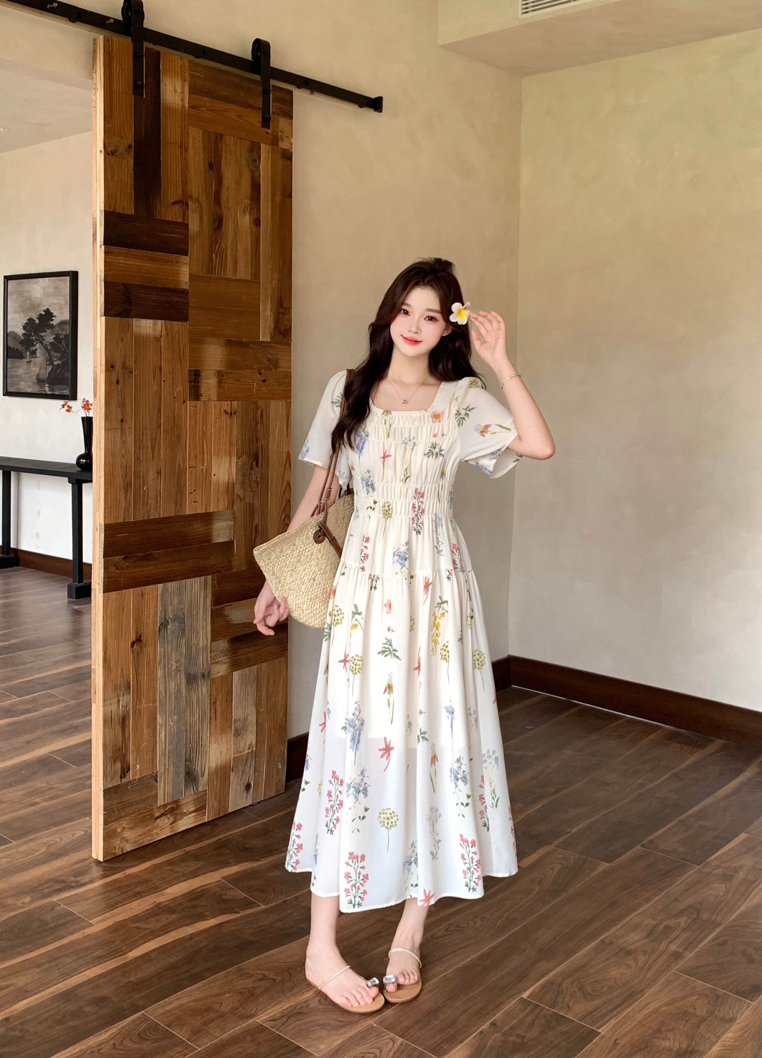 실사 2026 여름 새로운 지방 mm 빅 사이즈 여성 프랑스식 광장 칼라 반팔 꽃무늬 치마 부드러운 휴가 바람 드레스