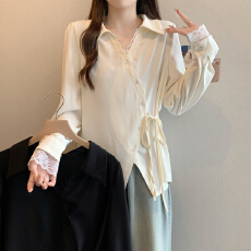 批发实拍2026春装新款胖mm大码气质拼接<b class='q'>蕾丝</b>绑带衬衫收腰显瘦通勤<b class='q'>上衣</b>
