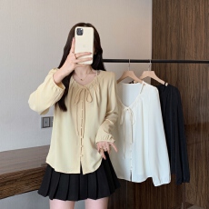 批发实拍2026<b class='q'>春</b>装新款胖mm大码女法式简约系带衬衫设计感小众长袖上衣