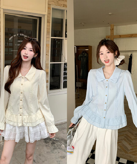 실사 2026 봄 새로운 지방 mm 빅 사이즈 프랑스식 베이비 칼라 긴팔 셔츠 연령 감소 프릴 Chic 작은 셔츠