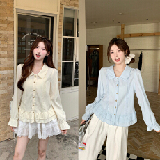 批发实拍2026<b class='q'>春</b>季新款胖mm大码法式娃娃领长袖衬衫减龄荷叶边别致小衫