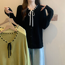 批发实拍2026春装新款胖mm大码蝴蝶结系带长袖<b class='q'>针织</b><b class='q'>开衫</b>设计感显瘦上衣