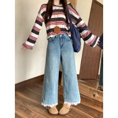 批发实拍2026春装新款胖mm大码蕾丝花边阔腿牛仔裤高腰显瘦遮胯牛仔裤