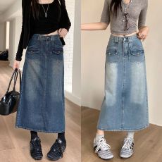 批发实拍2026春季新款胖mm大码美式复古牛仔裙高腰显瘦开叉A字半身裙
