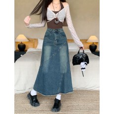 批发实拍2026春装新款胖mm大码复古毛边牛仔半身裙高腰宽松A字中长裙