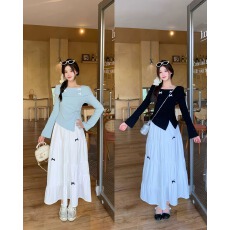 批发实拍2026春季新款胖mm大码蝴蝶结一字肩上衣高腰半身裙减龄两件套