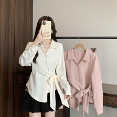 批发实拍2026<b class='q'>春</b>装新款胖mm大码女法式设计感长袖衬衫收腰绑带通勤上衣