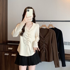 批发实拍2026春季新款胖mm大码设计感褶皱长袖针织衫气质修身内搭上衣