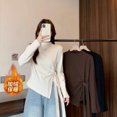 批发实拍2025冬装新款胖mm大码加绒半高领长袖T恤绑带收腰打底衫上衣