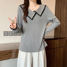 批发实拍2025秋冬新款胖mm大码女不对称翻领长袖T恤设计感打底衫上衣