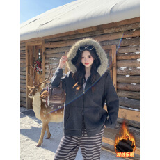 批发实拍2025冬季胖mm大码加绒保暖大毛领连帽外套女韩系宽松卫衣开衫