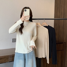 批发实拍2025秋<b class='q'>冬</b>大码胖mm半高领长袖打底衫女韩系木耳边内搭T恤上衣