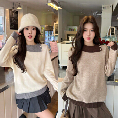 批发实拍2025秋冬新款胖mm大码女翻领撞色长袖针织衫宽松软糯内搭毛衣