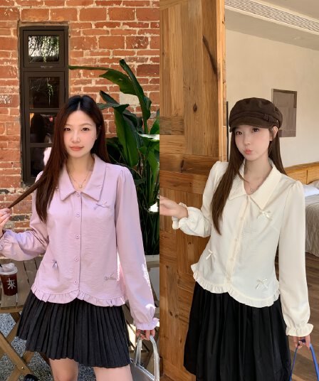 실사 2026 가을 새로운 지방 mm 빅 사이즈 여성 프랑스식 나비 매듭 긴팔 셔츠 디자인 센스 프릴 셔츠